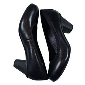 Vionic Mabrey Round Toe Block Heel Pumps Comfortable Leather Shoes Black 7 New